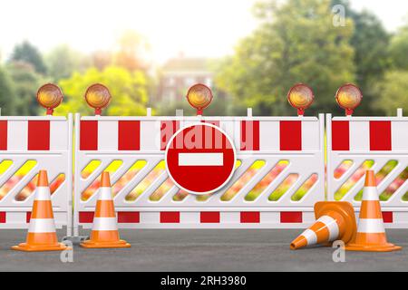 En construction. Barrière routière avec panneaux trafiques, cônes et casque de sécurité. Concept d'écologie et de conservation de la nature. illustration 3d. Banque D'Images