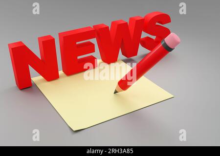 Nouvelles d'inscription rouge de luxe sur podium gris, lumière douce, arrière-plan lisse vue de face, rendu 3D. Banque D'Images