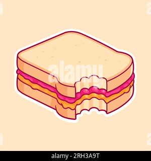 Dessin sandwich PBJ avec morsure manquante. Pain grillé blanc au beurre de cacahuète et confiture de framboises. Illustration vectorielle de dessin animé mignon. Illustration de Vecteur