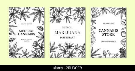 Conception verticale cannabis pour l'emballage, les publications sur les médias sociaux, la décoration de magasin, l'image de marque, les certificats. Illustration vectorielle de marijuana dans le style de croquis. H Illustration de Vecteur