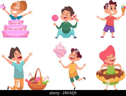 Enfants et bonbons. Enfants heureux tenant et mangeant différents bonbons alimentaires délicieux gâteaux de crème glacée illustrations vectorielles exactes Illustration de Vecteur