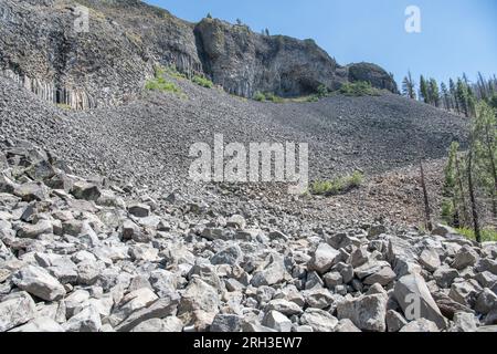Formations rocheuses basaltiques dans les colonnes des géants, une caractéristique géologique inhabituelle du col de Sonora dans les montagnes de la Sierra Nevada en Californie. Banque D'Images