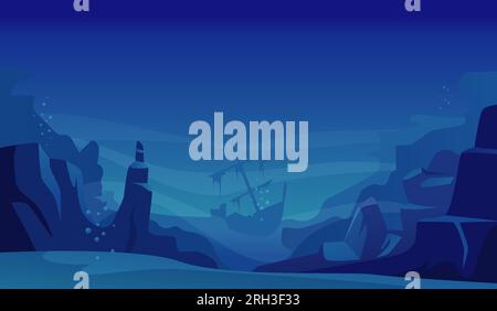 Cimetière des navires. paysage sous-marin sombre de l'océan avec des navires endommagés. Arrière-plan vectoriel Illustration de Vecteur