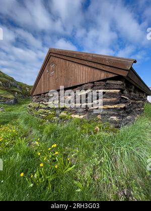 Groenland occidental, municipalité de Qeqqata, Sisimiut. Sisimiut Museum alias Sisimiut Katersugaasiviat. Maison traditionnelle en gazon. Banque D'Images