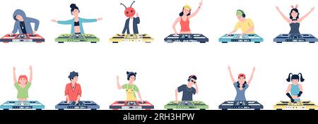 Personnages DJ party. Femme musicienne travaillant sur panneau électronique. Funky Happy Guy dans les écouteurs. Jeune homme et femme vecteur récent disco gens Illustration de Vecteur