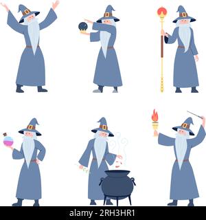 Personnage magique, vieux jeu de dessins animés sorciers. Action sorcier, homme magicien médiéval en costume. Mignon sage mâle avec barbe clipart vecteur récent Illustration de Vecteur