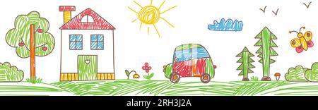 Dessin jardin style enfants. Maison et herbe, fleurs bordent le motif sans couture. Pastel, crayon ou crayons de couleur paysage vectoriel chic Illustration de Vecteur