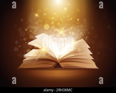 Livre magique réaliste. Livres mystiques ou de religion avec des sorts spirituels des lumières brillent effet dans la nuit, vieux livre de sorcellerie écrivain de littérature magique, illustration vectorielle de magie réaliste et mystique Illustration de Vecteur