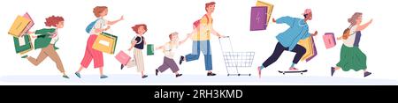 Les gens se pressant à vendre. Les clients de la foule en cours d'exécution se précipitent dans le shopping, la famille chasse au rabais du vendredi noir, l'acheteur fou avec le chariot de poussée de sac dans le supermarché, illustration vectorielle classe de la foule de clients Illustration de Vecteur