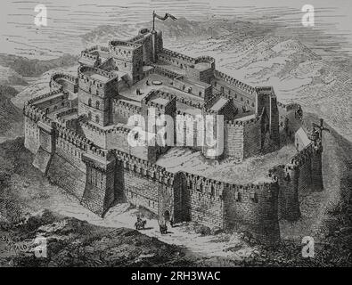 Syrie. Krak des Chevaliers. Château construit au XIIe siècle par les Chevaliers hospitaliers lors des croisades en Terre Sainte. Gravure de Bertrand et Huyot d'après 'monuments de l'Architecture des croisés en Syrie'. « Vie militaire et religieuse au Moyen Age et à l'époque de la Renaissance ». Paris, 1877. Banque D'Images