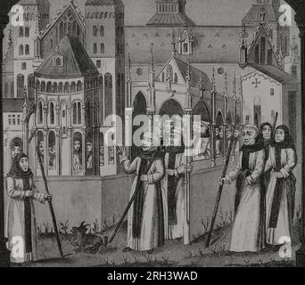 Le moine cistercien français Saint Bernard (1090-1153) prend possession de l'abbaye de Clairvaux, avec les moines de l'abbaye de Citeaux, en 1115. Gravure du 19 ème siècle de Bernard et Huyot d'après une miniature dans 'chroniques abritées des anciens rois et ducs de Bourgogne', 15e siècle. Vie militaire et religieuse au Moyen et à l'époque de la Reinassance. Paris, 1877. Banque D'Images