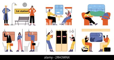 Passagers dans différents transports. Les gens qui font des affaires dans les trains ou le métro. Des hommes et des femmes heureux en route. Voyageurs debout ou assis dans le métro Illustration de Vecteur