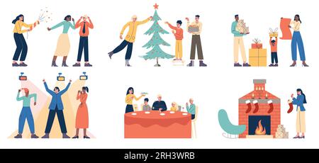 Les gens célébrant Noël. Dessins animés familles heureuses se préparant au nouvel an. Des enfants heureux décorent l'arbre. Dîner festif et fête. Des personnes drôles Illustration de Vecteur