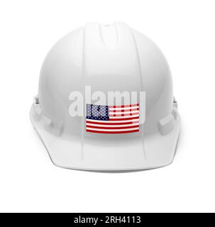 HardHat blanc avec un autocollant drapeau américain sur le devant isolé sur fond blanc. Banque D'Images