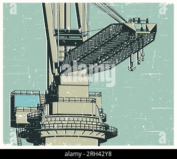 Illustration vectorielle stylisée d'une grande grue tournante complète dans le style d'affiche rétro Illustration de Vecteur