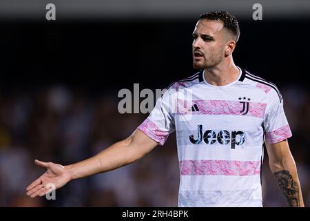 Federico Gatti de la Juventus FC fait des gestes lors du match amical de football entre la Juventus FC et Atalanta BC. Banque D'Images