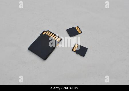 Gros plan des cartes SD et microSD, symboles d'un stockage compact et efficace sur puces. Détail des cartes SD et microSD, représentant le concept moderne o Banque D'Images