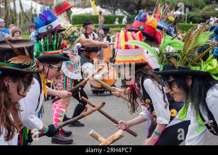 Broadstairs, Royaume-Uni. 13 août 2023. Les membres du Dead Horse Morris donnent un spectacle dans la rue pendant le festival. Broadstairs organise cette année la 57e Folk week. C'est l'un des plus grands festivals folkloriques du Royaume-Uni. Des centaines de danseuses Morris ont pris les rues et des groupes ayant des concerts dans les pubs. (Photo Krisztian Elek/SOPA Images/Sipa USA) crédit : SIPA USA/Alamy Live News Banque D'Images