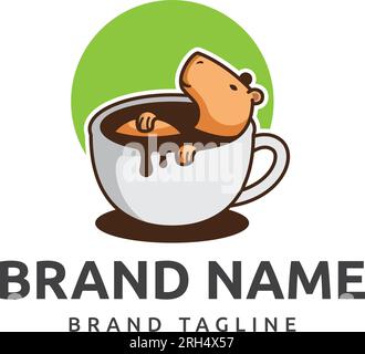 logo café capybara. logo fabriqué à partir de la forme de capybara baignant dans une tasse de café tenant des feuilles de café, modèle de logo capybara. Illustration de Vecteur