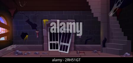 Jeu abandonné château médiéval prison fond de cellule de donjon. Porte cassée et intérieur sombre en désordre avec de la pierre sur le sol. Mur de maçonnerie en brique avec porte de cage pour la punition dans l'illustration de scène de tour Illustration de Vecteur