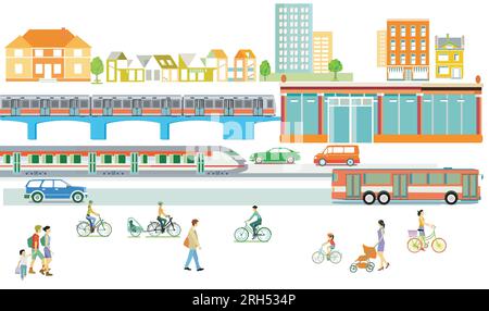 Circulation routière, voitures, passage pour piétons, piétons, ville, transports publics, bus, bâtiment, architecture, site, immeuble résidentiel, vie urbaine, tra Illustration de Vecteur