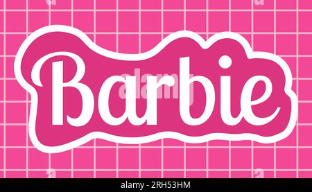 Août 2023. Poupée Barbie. Inscription Barbie sur fond rose avec grille. Éditorial. Autocollant. Vecteur Illustration de Vecteur