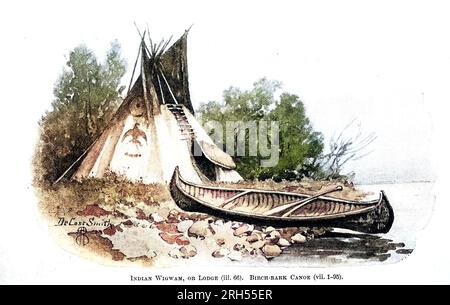 Indian Wigwam and Birch-Bark Canoe extrait du livre ' The Song of Hiawatha ' de Longfellow, Henry Wadsworth, 1807-1882 publié par Mifflin and Company en 1898 Banque D'Images