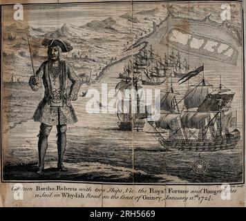 Capitaine Bartho Roberts avec deux navires le Royal Fortune et le Ranger prend la mer à Whydah Road Ouidah sur la côte de la Guinée [Guinée] 11 janvier 1722 Bartholomew Roberts (17 mai 1682 – 10 février 1722), né John Roberts, était un pirate gallois qui était, mesuré par les navires capturés, le pirate le plus réussi de l'âge d'or de la piraterie. Au cours de sa carrière piratique, il a pris plus de 470 navires de prix. Roberts a attaqué des navires au large des Amériques et de la côte ouest-africaine entre 1719 et 1722 ; il est également connu pour avoir créé son propre code Pirate et adopté une première variante du Skull and Crossbones fla Banque D'Images