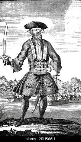 Edward Teach (également orthographié Edward Thatch, c. 1680 – 22 novembre 1718), mieux connu sous le nom de Barbe Noire, était un pirate anglais qui opérait autour des Antilles et de la côte est des colonies britanniques d'Amérique du Nord. Du livre Une histoire générale des Pyrates, de leur première ascension et installation dans l'île de Providence, à nos jours. Avec les actions et les aventures remarquables des deux femmes pyrates Mary Read et Anne Bonny par le capitaine Charles Johnson et Daniel Defoe, publication Date 1724 Publisher London : imprimé pour, et vendu par T. Warner, au Black-boy à Pat Banque D'Images