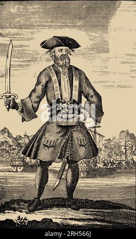 Edward Teach (également orthographié Edward Thatch, c. 1680 – 22 novembre 1718), mieux connu sous le nom de Barbe Noire, était un pirate anglais qui opérait autour des Antilles et de la côte est des colonies britanniques d'Amérique du Nord. Du livre Une histoire générale des Pyrates, de leur première ascension et installation dans l'île de Providence, à nos jours. Avec les actions et les aventures remarquables des deux femmes pyrates Mary Read et Anne Bonny par le capitaine Charles Johnson et Daniel Defoe, publication Date 1724 Publisher London : imprimé pour, et vendu par T. Warner, au Black-boy à Pat Banque D'Images