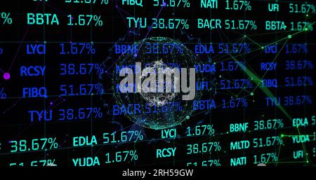 Image du traitement des données boursières sur les réseaux plexus et le globe tournant Banque D'Images