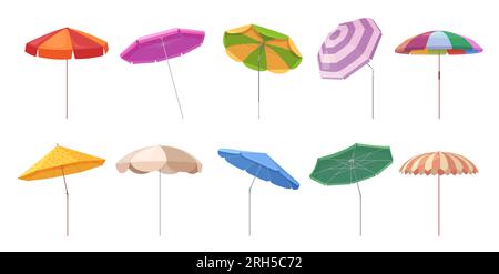 Parasols de plage ensemble illustration vectorielle. Collection isolée de dessin animé de parasol d'été avec différentes couleurs et motifs, vue latérale du jardin ou de la piscine parasols pour des vacances en mer se détendre Illustration de Vecteur