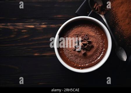 Laissez-vous tenter par les riches saveurs du pudding au chocolat sur fond rustique. Espace de copie disponible. Banque D'Images