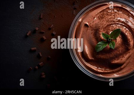 Laissez-vous tenter par les riches saveurs du pudding au chocolat sur fond rustique. Espace de copie disponible. Banque D'Images