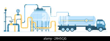 Industrie gazière, système avec stockage et transport de gaz naturel liquéfié illustration vectorielle. Usine industrielle de dessin animé avec réservoir et tuyau sous pression, valve et flamme sur tour, camion de livraison Illustration de Vecteur