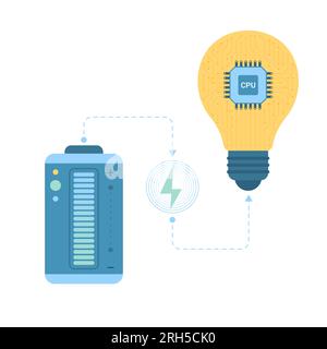 Circuit électrique simple de batterie et illustration vectorielle d'ampoule. Diagramme infographique de dessin animé avec générateur pour une consommation efficace d'énergie, équipement d'usine écologique avec équipement intelligent Illustration de Vecteur