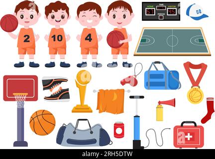 Définissez l'illustration vectorielle de l'élément de basket-ball avec divers arrière-plan de baskets d'équipement dans le dessin animé plat pour les modèles de bannière Web ou d'autocollant Illustration de Vecteur