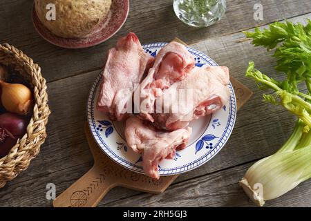 Dos de poulet congelé sur une assiette avec des légumes frais - ingrédients pour le bouillon d'os maison ou la soupe Banque D'Images