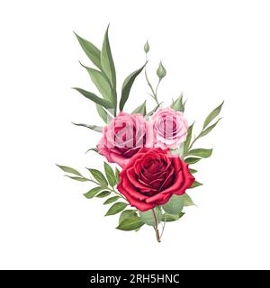 Bouquet de roses en demi-teinte rouge et rose, éléments d'illustration dessinés à la main Banque D'Images