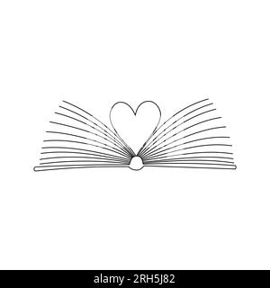 Esquissez un livre ouvert avec des pages pliées en forme de coeur. Symbole de la connaissance, de l'apprentissage, de la lecture, de la littérature. Un concept pour les amateurs de livres. Dessin à la main Illustration de Vecteur