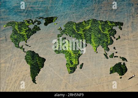 Carte du monde grossièrement esquissée avec des plantes vertes remplissant Banque D'Images