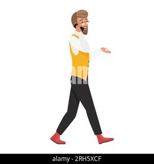 Homme hipster parlant sur mobile. Homme d'affaires hipster dans l'illustration de dessin animé vectoriel de pose de marche Illustration de Vecteur