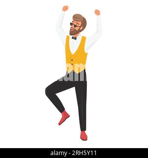 Homme hipster barbu excité. Joyeux garçon hipster dans l'illustration de dessin animé vectoriel de pose de saut Illustration de Vecteur