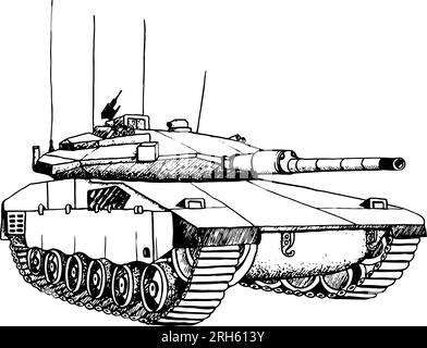 Illustration vectorielle noir et blanc du réservoir. Merkava Mark IV de la machine militaire des Forces de défense israéliennes. Clipart d'encre de guerre dessiné à la main. Illustration de Vecteur