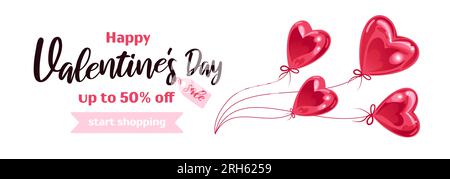 Bannière horizontale pour la Saint Valentin. Ballons en forme de cœur réalistes, arcs, rubans volants. Sur fond blanc. Pour bannière publicitaire, nous Illustration de Vecteur