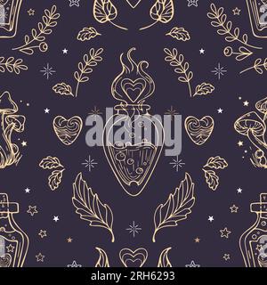 Motif dans un style vintage pour la Saint Valentin. Potion d'amour de sorcière magique bouillante dans une fiole, vapeur en forme de coeur, champignons magiques d'étoile. Pour le papier peint, imprimez Illustration de Vecteur