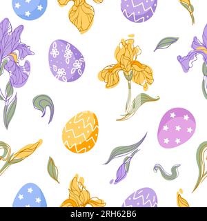 Iris et oeufs de Pâques. Motif sans couture lumineux. Fleurs printanières délicates. Pour papier peint, impression sur tissu, emballage. Illustration de Vecteur