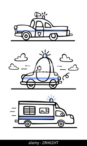 Ensemble de voitures de police. Illustration vectorielle doodle pour les garçons dans le style scandinave. La sirène de la police gémit. Transport, voitures vont sur la route. Pour poster Illustration de Vecteur