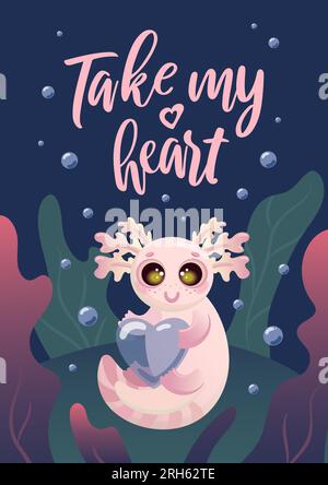 Aimer axolotl. Bulle en forme de cœur. Je t'aime. Illustration vectorielle mignonne pour le jour de la Saint-Valentin. Pour cartes postales, affiches, impression sur vêtements. voiture Illustration de Vecteur