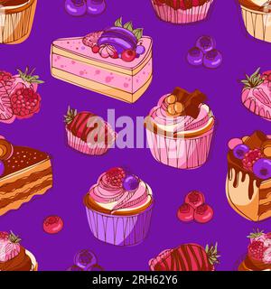 Cupcakes appétissants et gâteaux au chocolat, baies et caramel. Illustration vectorielle lumineuse de motif moderne dans le style d'esquisse. journée internationale des gâteaux. Illustration de Vecteur